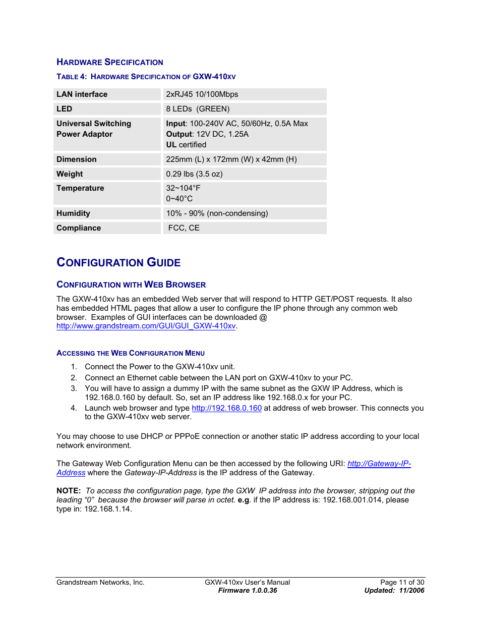 Hardware specification, Configuration guide, Configuration with web browser | Accessing the web configuration menu, Ardware, Pecification, Onfiguration with, Rowser, Able, Pecification of | Grandstream Networks GXW-410xv User Manual | Page 11 / 30