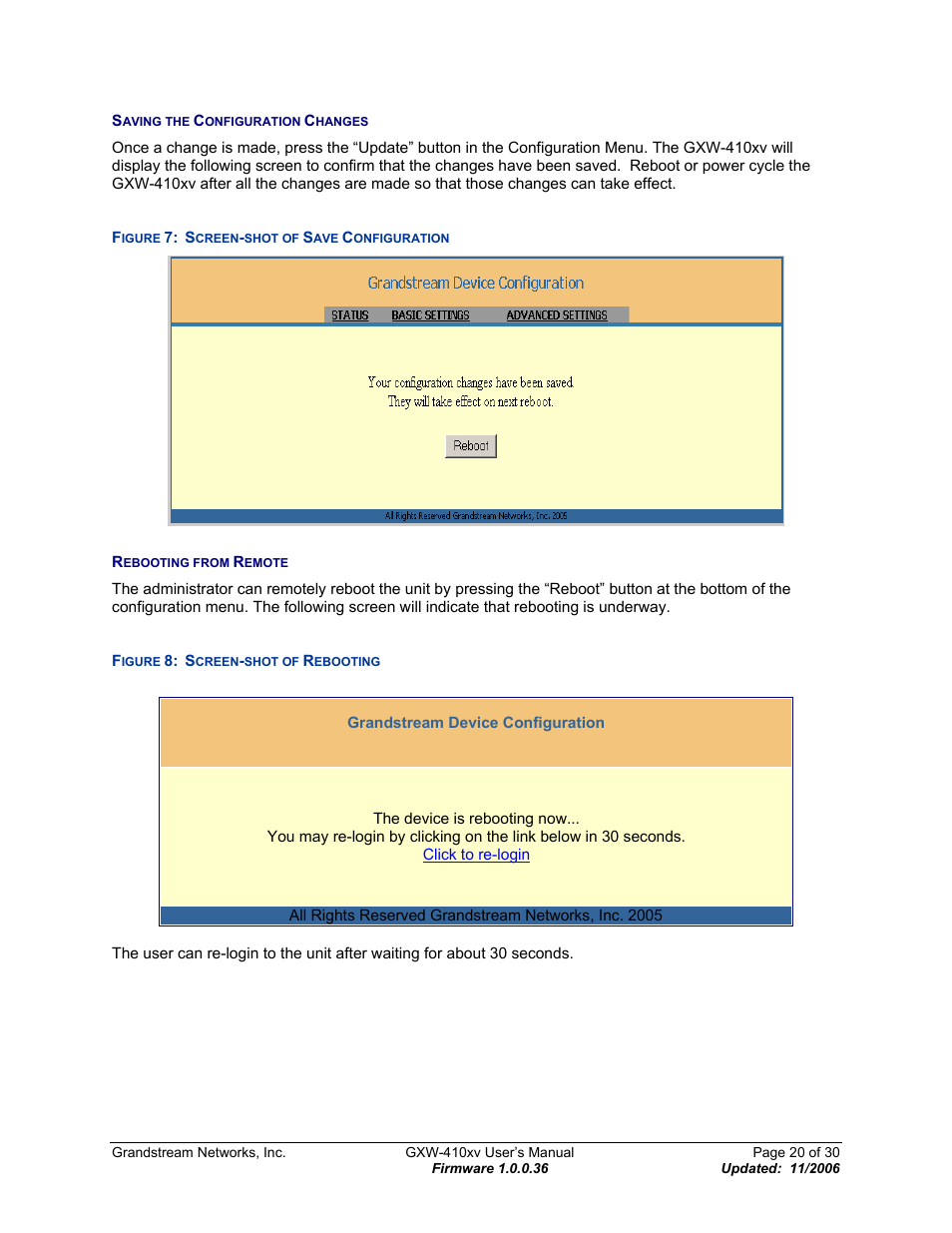 Saving the configuration changes, Rebooting from remote, Igure | Creen, Shot of, Onfiguration, Ebooting | Grandstream Networks GXW-410xv User Manual | Page 20 / 30