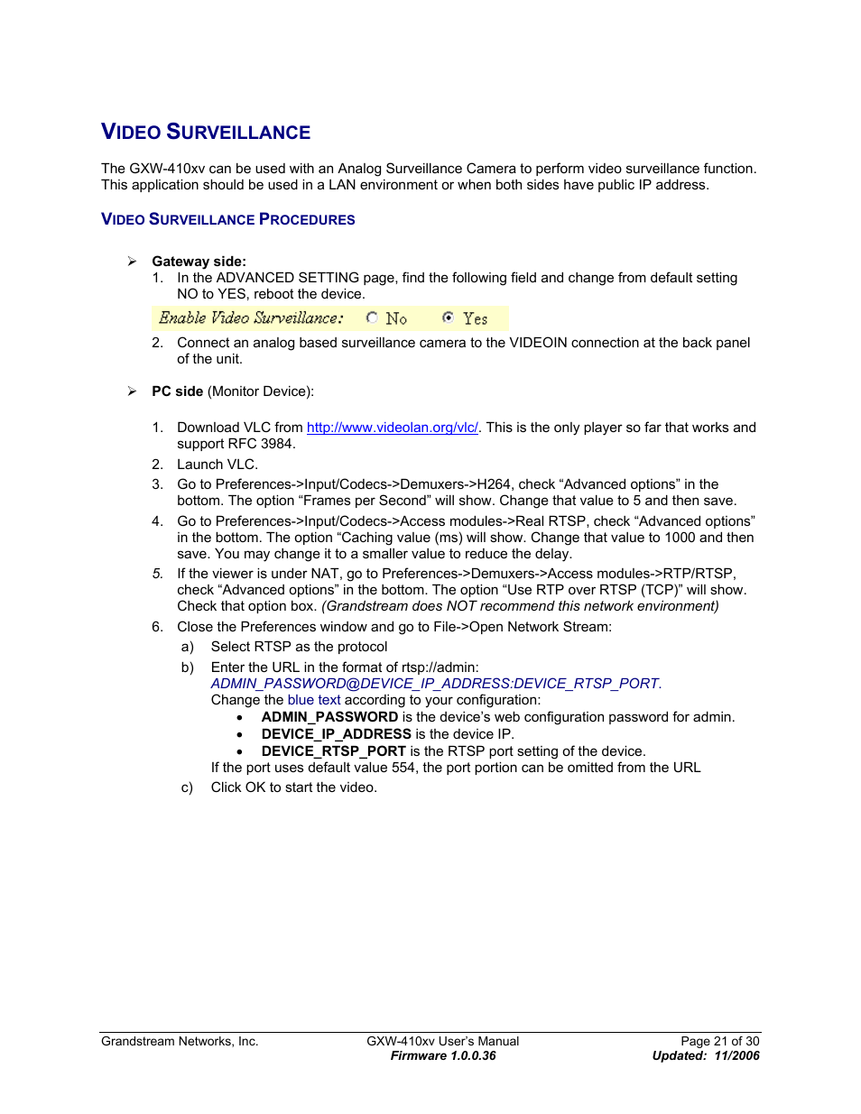 Video surveillance, Video surveillance procedures, Ideo | Urveillance, Rocedures | Grandstream Networks GXW-410xv User Manual | Page 21 / 30