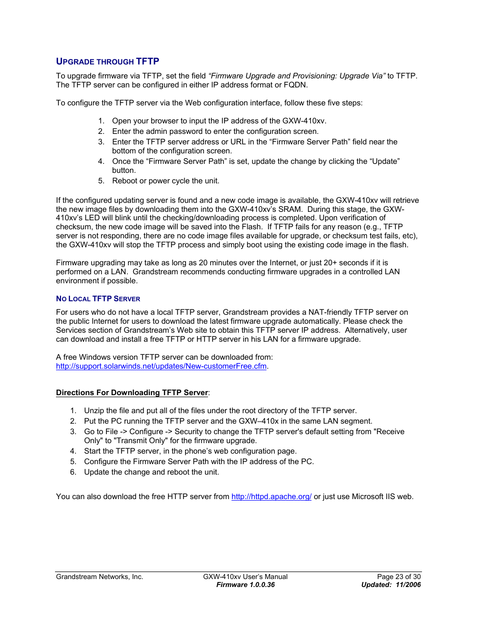 Upgrade through tftp, No local tftp server, Pgrade through | Tftp | Grandstream Networks GXW-410xv User Manual | Page 23 / 30