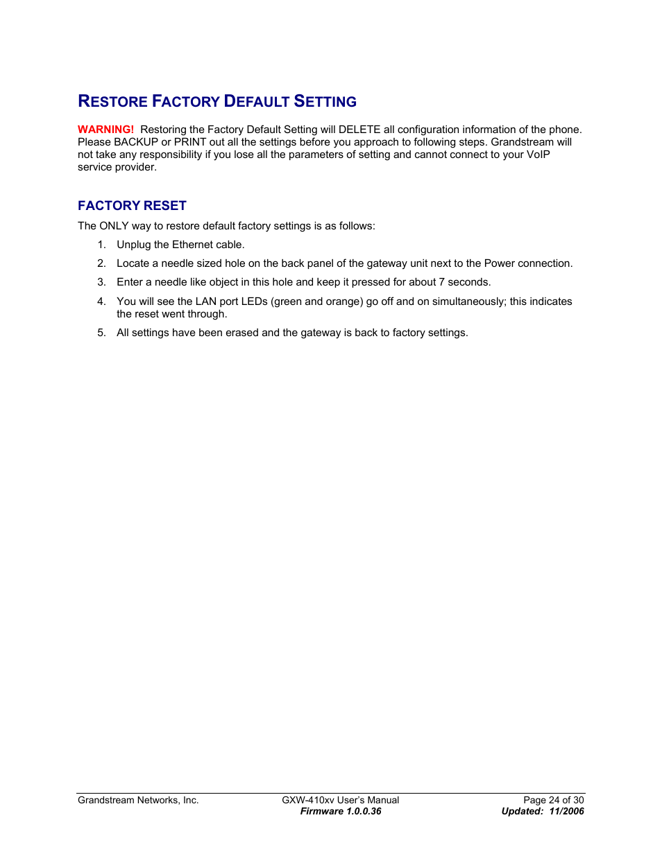 Restore factory default setting, Factory reset, Factory | Reset | Grandstream Networks GXW-410xv User Manual | Page 24 / 30