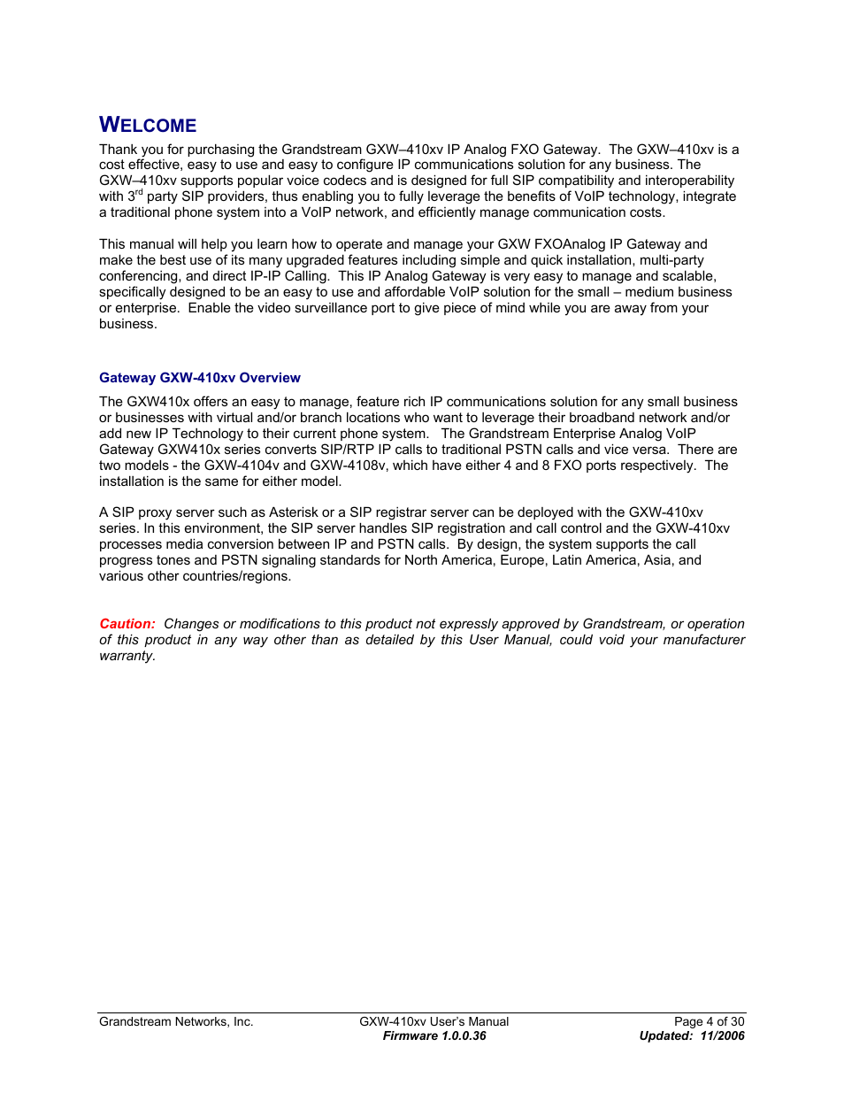 Welcome, Elcome | Grandstream Networks GXW-410xv User Manual | Page 4 / 30