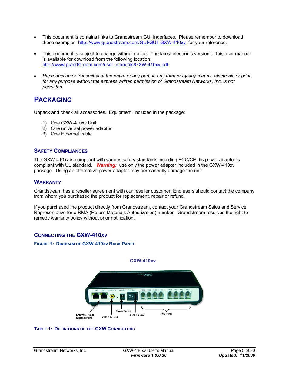 Packaging, Safety compliances, Warranty | Connecting the gxw-410xv, Afety, Ompliances, Arranty, Onnecting the, Gxw-410, Igure | Grandstream Networks GXW-410xv User Manual | Page 5 / 30