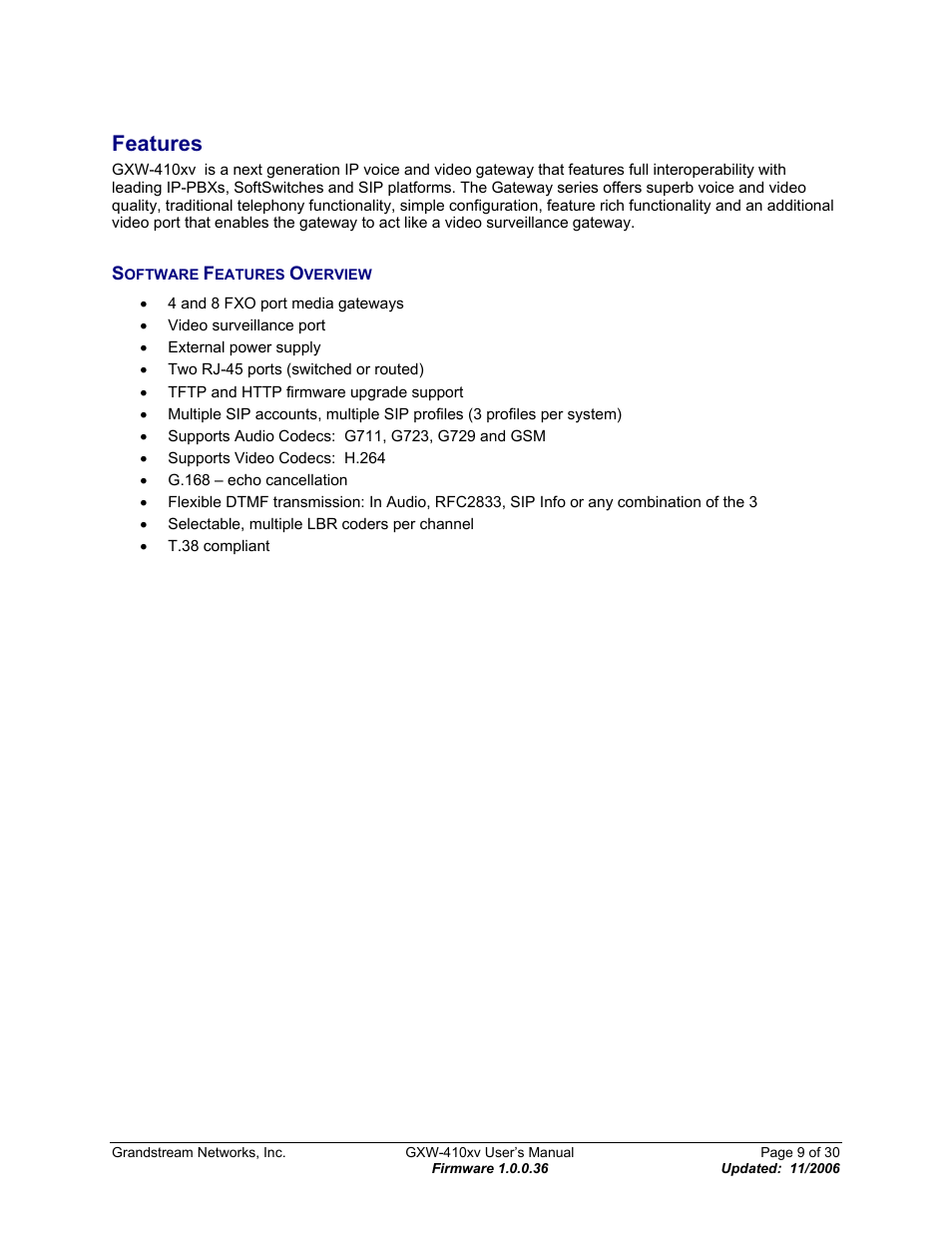 Features, Software features overview, Oftware | Eatures, Verview | Grandstream Networks GXW-410xv User Manual | Page 9 / 30