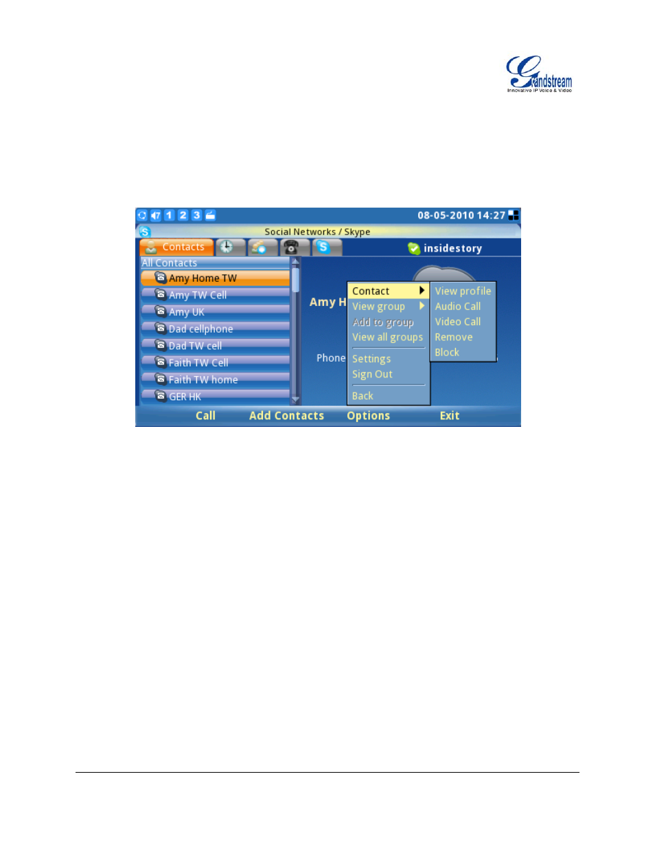 Managing contacts, Settings | Grandstream Networks GXV3140 User Manual | Page 5 / 18