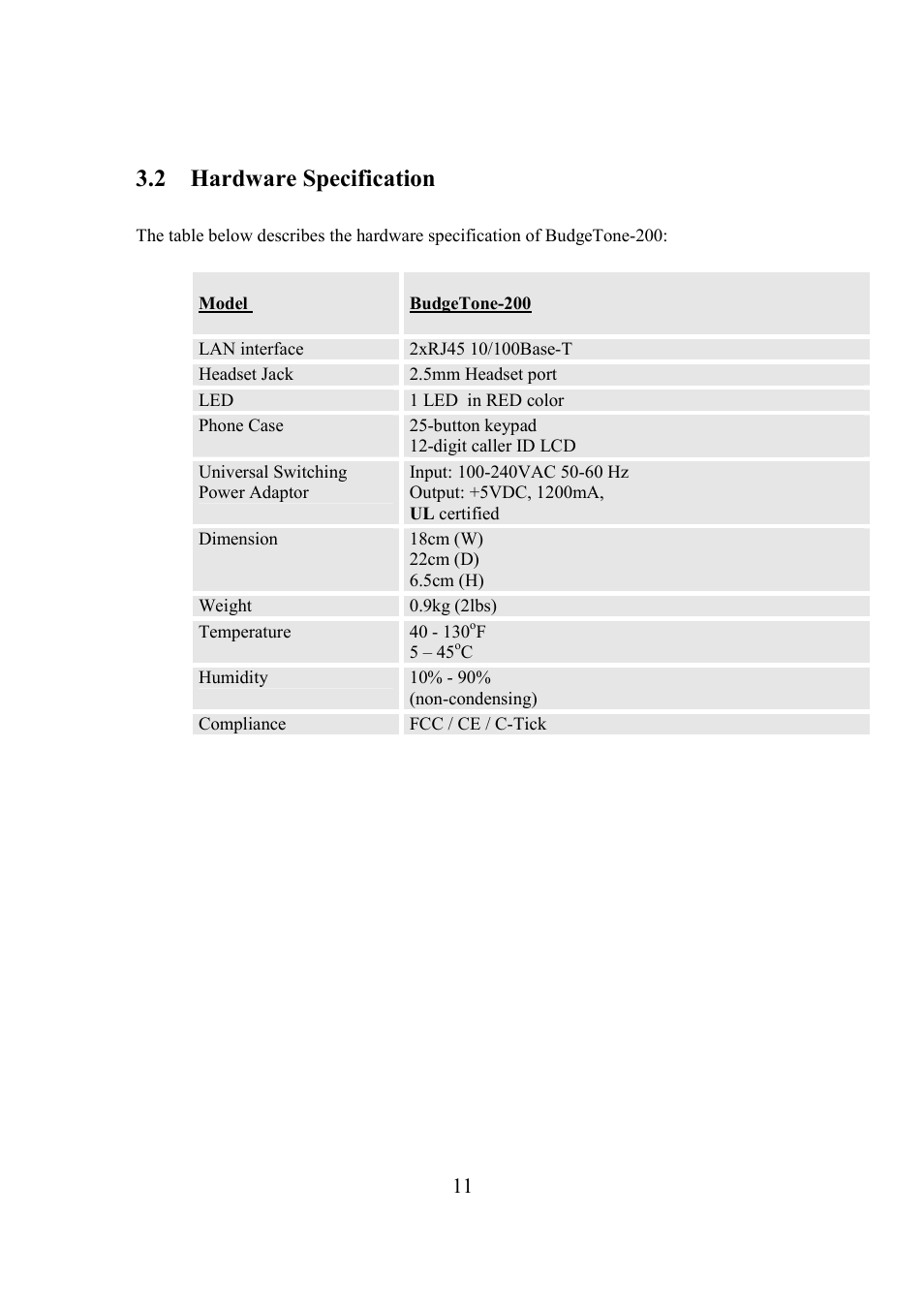 2 hardware specification | Grandstream Networks BudgeTone-200 User Manual | Page 11 / 54