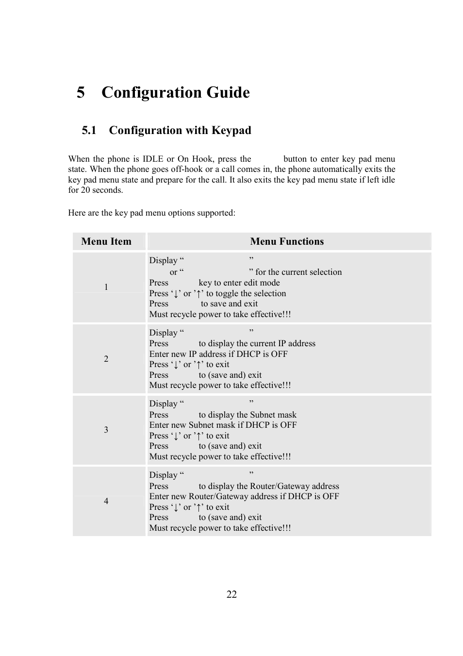 5 configuration guide, 1 configuration with keypad | Grandstream Networks BudgeTone-200 User Manual | Page 22 / 54