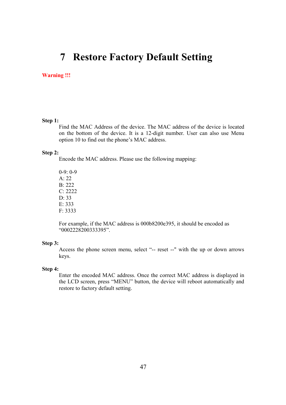 7 restore factory default setting | Grandstream Networks BudgeTone-200 User Manual | Page 47 / 54