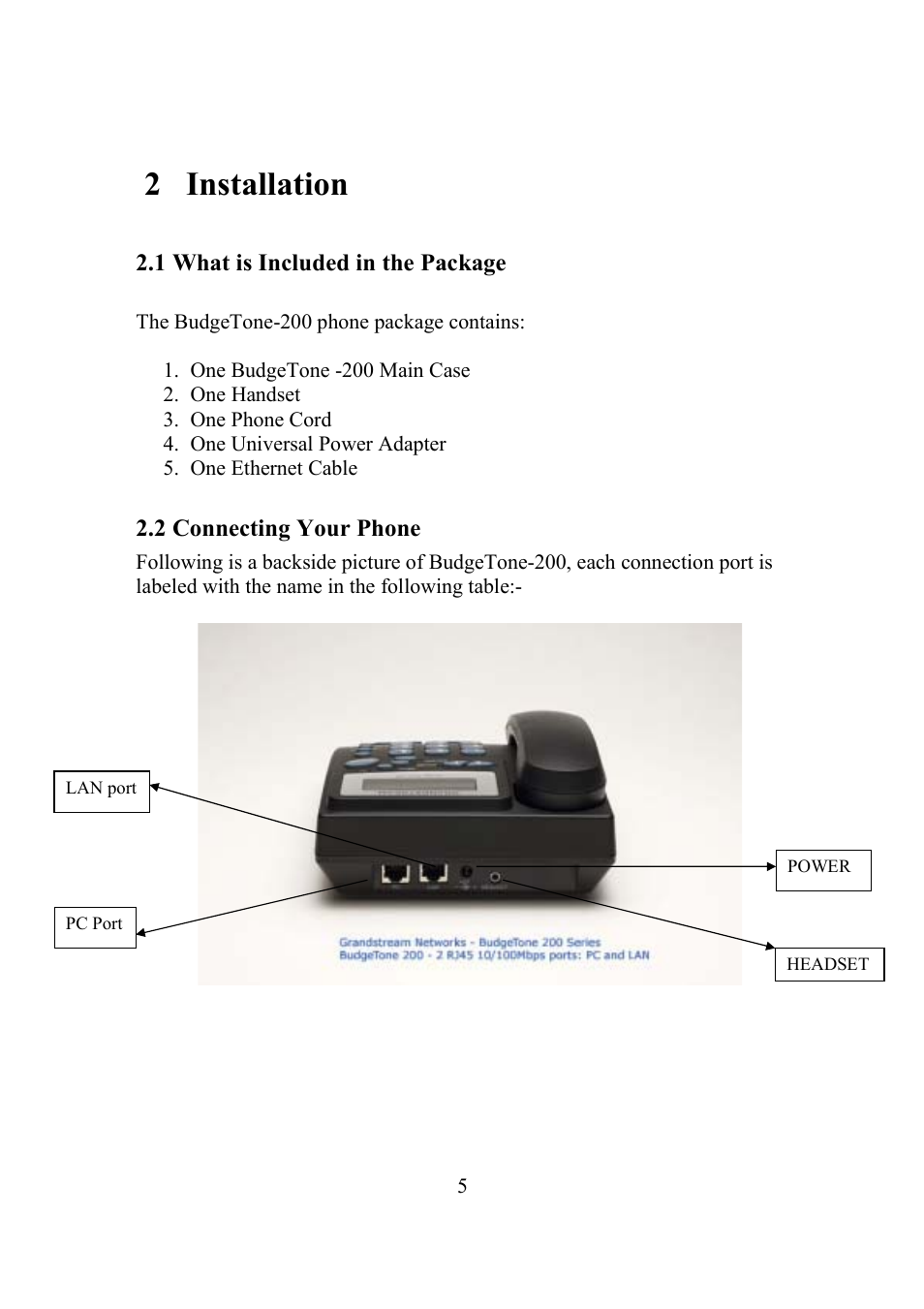 2 installation | Grandstream Networks BudgeTone-200 User Manual | Page 5 / 54