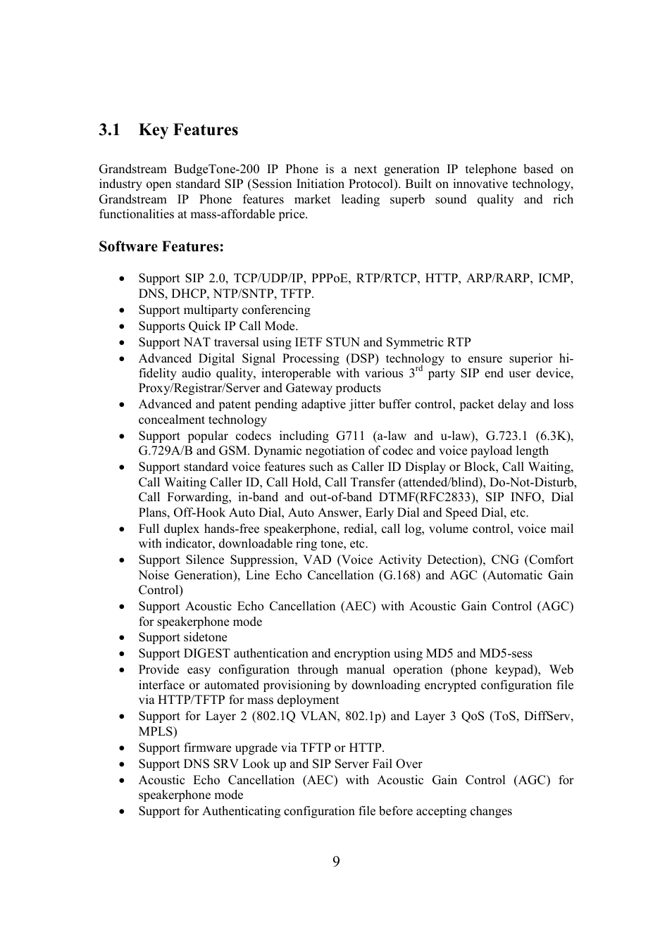 1 key features | Grandstream Networks BudgeTone-200 User Manual | Page 9 / 54