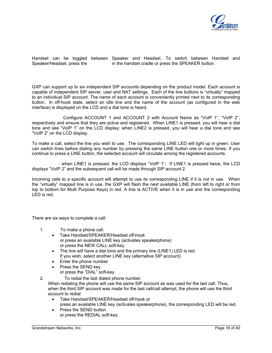 Handset, speakerphone and headset mode, Multiple sip accounts and lines, Completing calls | Grandstream Networks GXP Series User Manual | Page 16 / 40