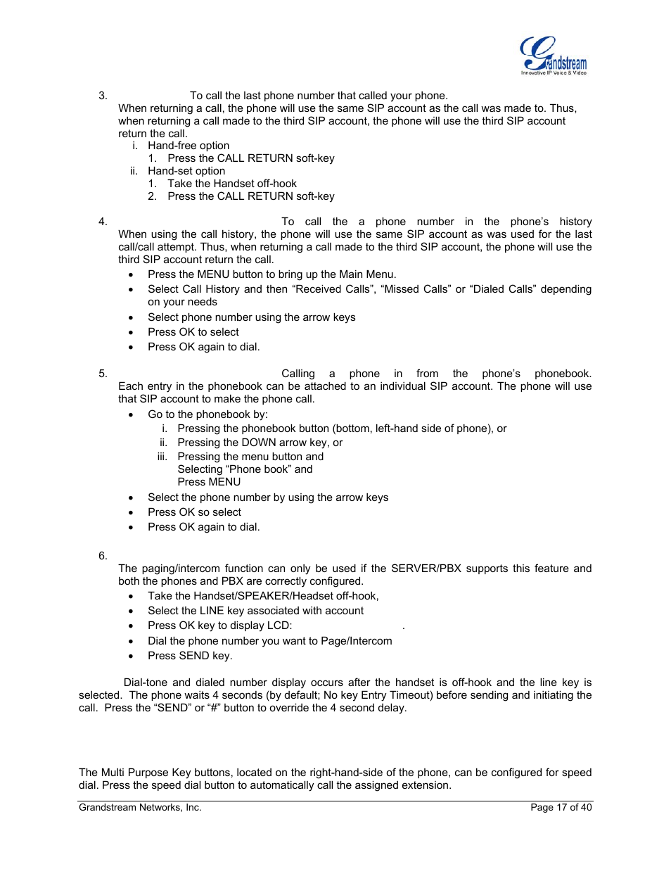 Speed dial | Grandstream Networks GXP Series User Manual | Page 17 / 40