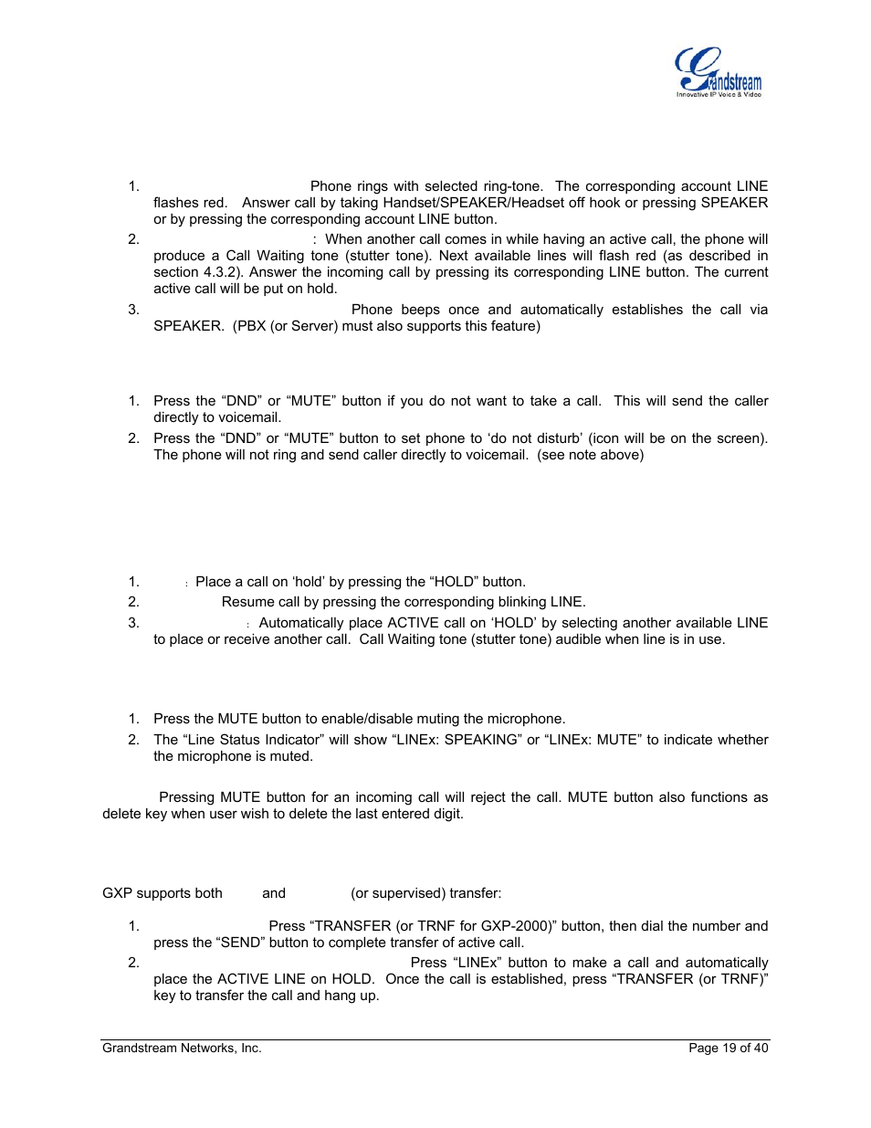 Receiving calls, Do not disturb, Call waiting/ call hold | Mute/delete, Call transfer | Grandstream Networks GXP Series User Manual | Page 19 / 40