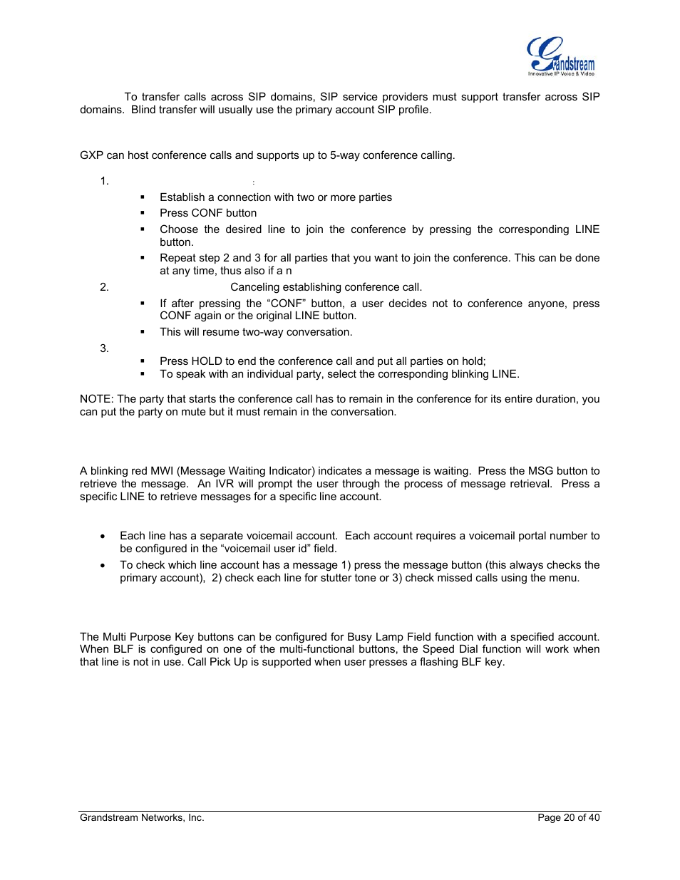 Way conferencing, Voice messages (message waiting indicator), Busy lamp field | Grandstream Networks GXP Series User Manual | Page 20 / 40