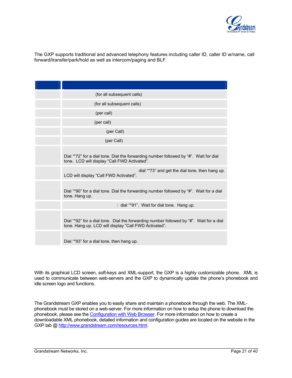 Table 11: gxp call features, Xml phonebook | Grandstream Networks GXP Series User Manual | Page 21 / 40