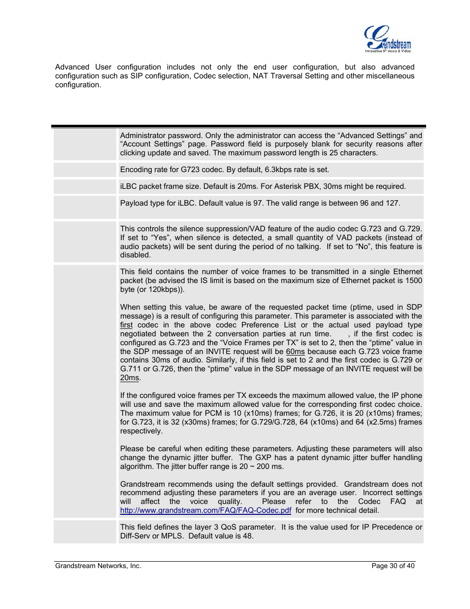 Table 15: advanced settings | Grandstream Networks GXP Series User Manual | Page 30 / 40