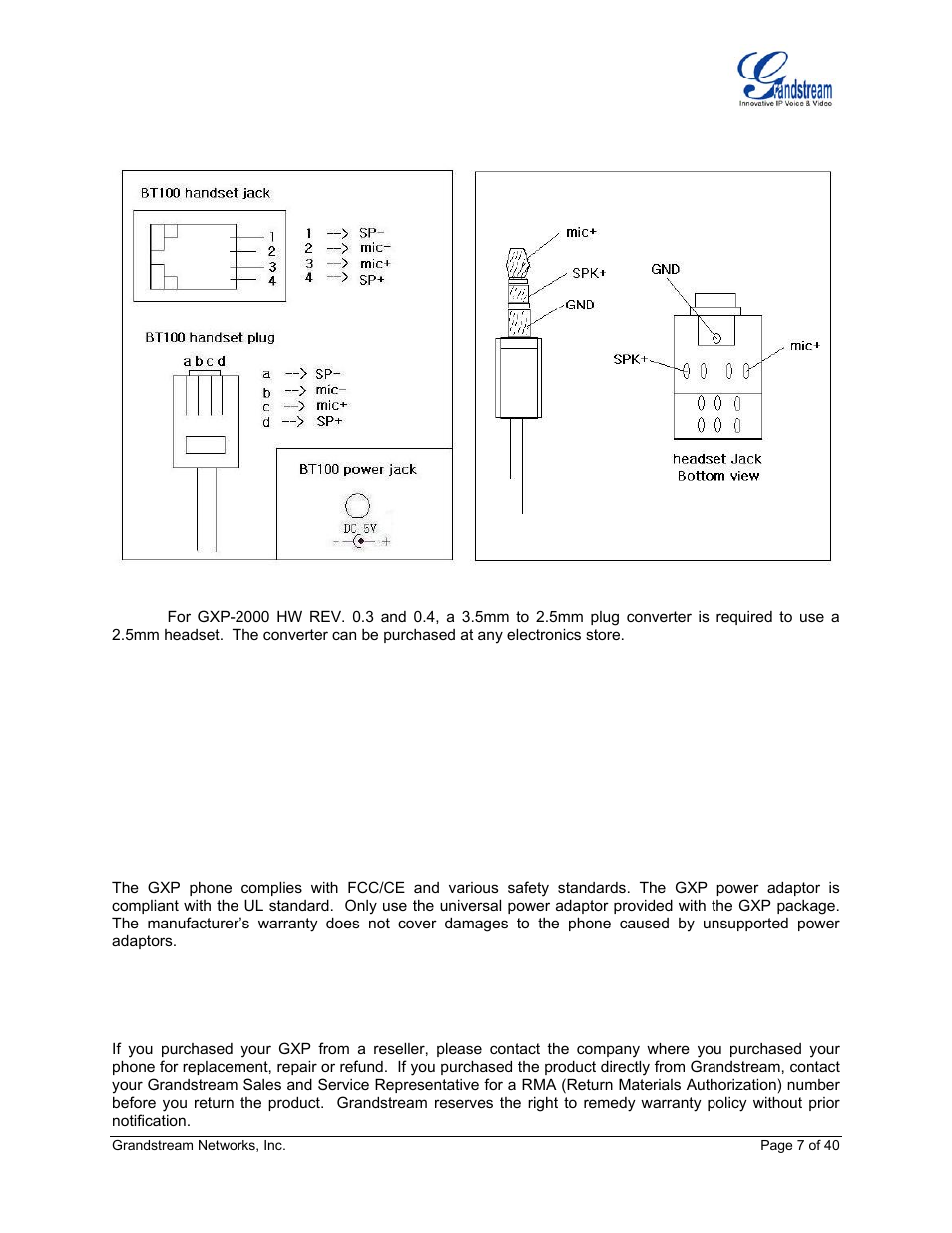 Safety compliances, Warranty, Figure 2: gxp–2000 internal headset wiring schema | Grandstream Networks GXP Series User Manual | Page 7 / 40