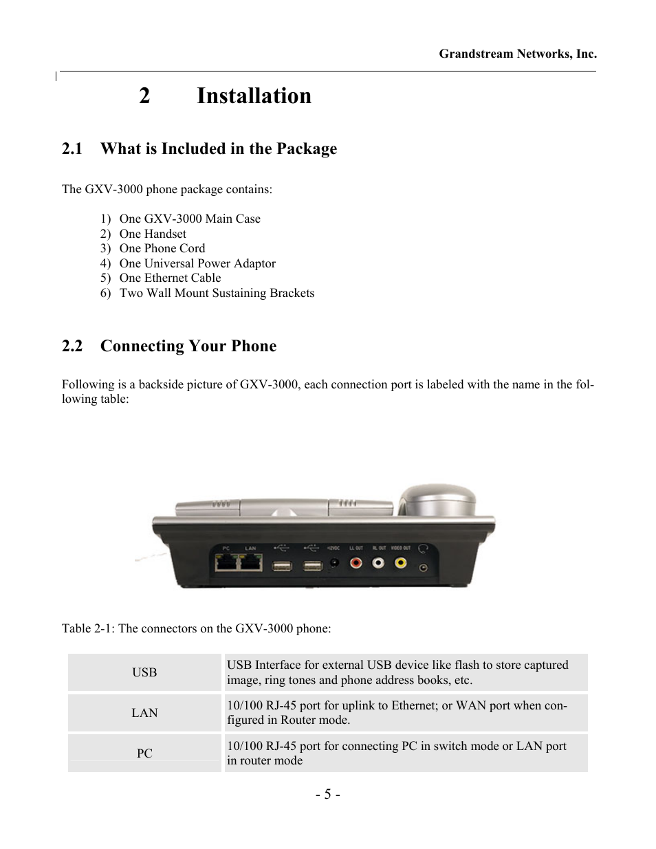 2installation, 1 what is included in the package, 2 connecting your phone | Grandstream Networks Grandstream GXV-3000 User Manual | Page 5 / 62