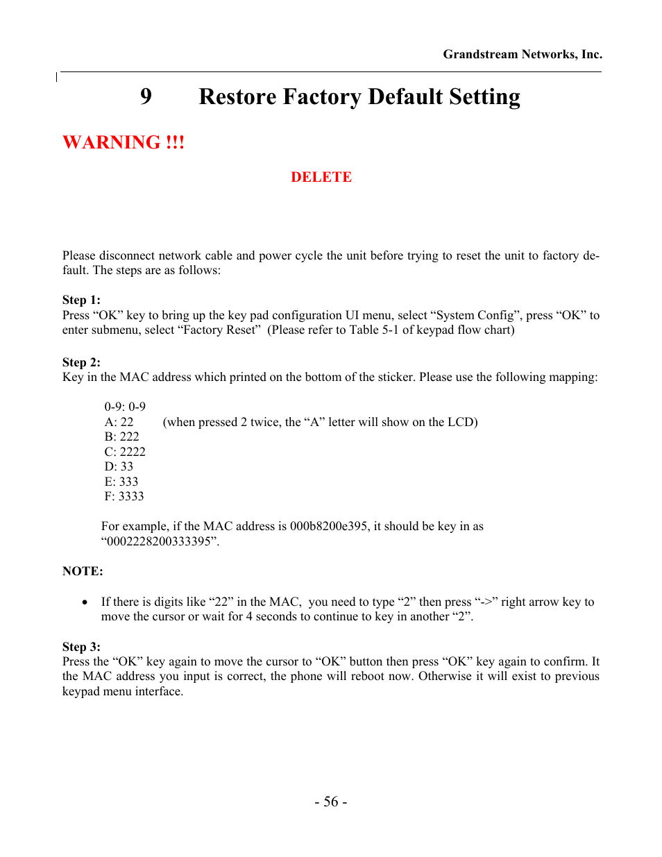 9restore factory default setting, Warning | Grandstream Networks Grandstream GXV-3000 User Manual | Page 56 / 62