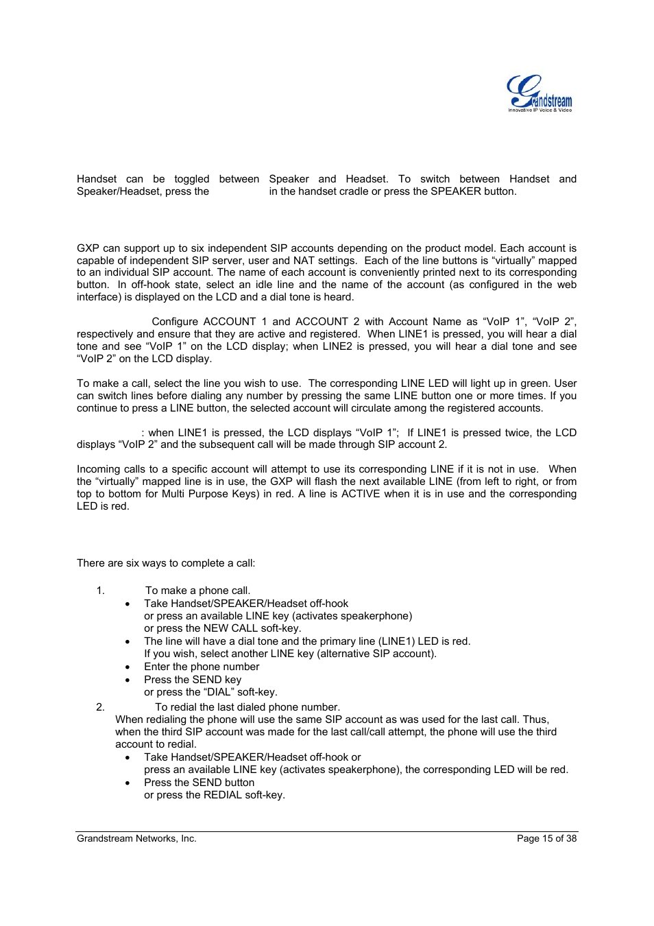 Handset, speakerphone and headset mode, Multiple sip accounts and lines, Completing calls | Grandstream Networks Grandstream GXP-2010 User Manual | Page 15 / 38