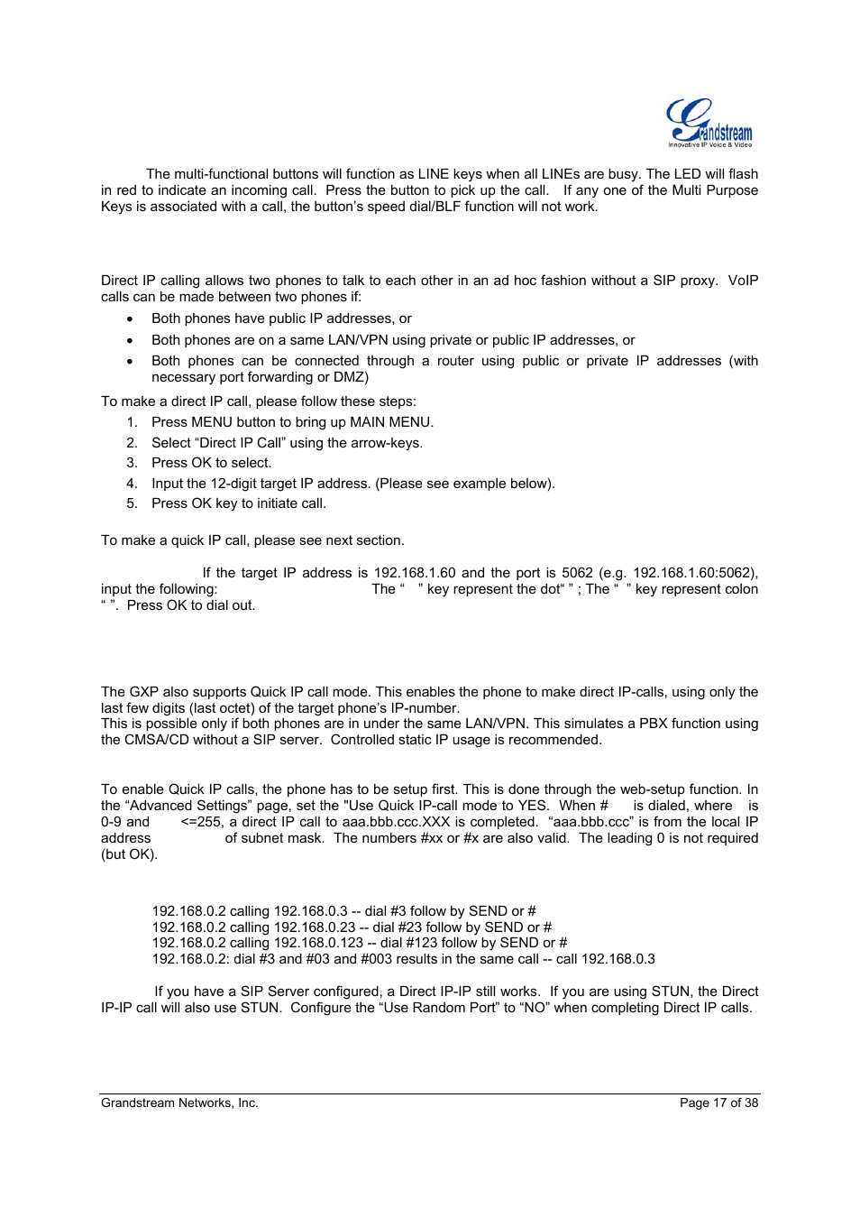 Making calls using ip addresses | Grandstream Networks Grandstream GXP-2010 User Manual | Page 17 / 38