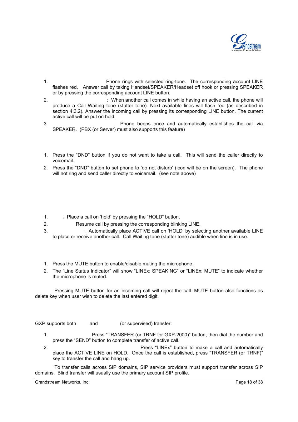 Receiving calls, Do not disturb, Call waiting/ call hold | Mute/delete, Call transfer | Grandstream Networks Grandstream GXP-2010 User Manual | Page 18 / 38