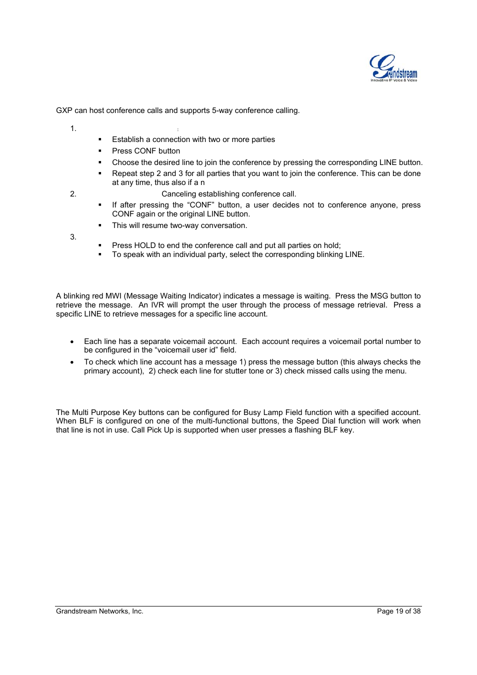 Way conferencing, Voice messages (message waiting indicator), Busy lamp field | Grandstream Networks Grandstream GXP-2010 User Manual | Page 19 / 38