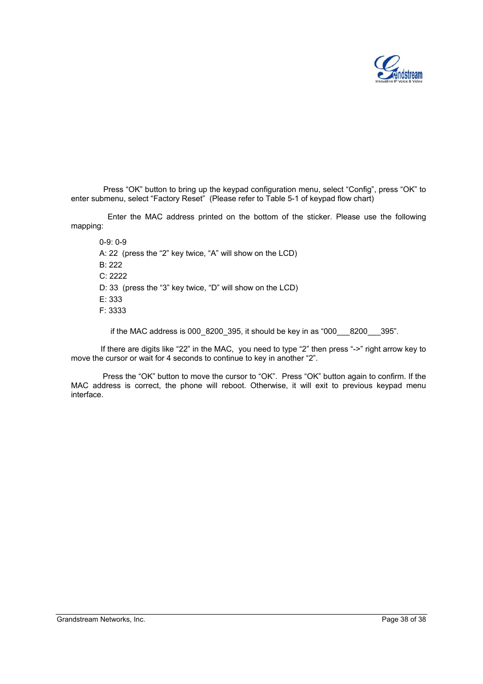 Restore factory default setting | Grandstream Networks Grandstream GXP-2010 User Manual | Page 38 / 38