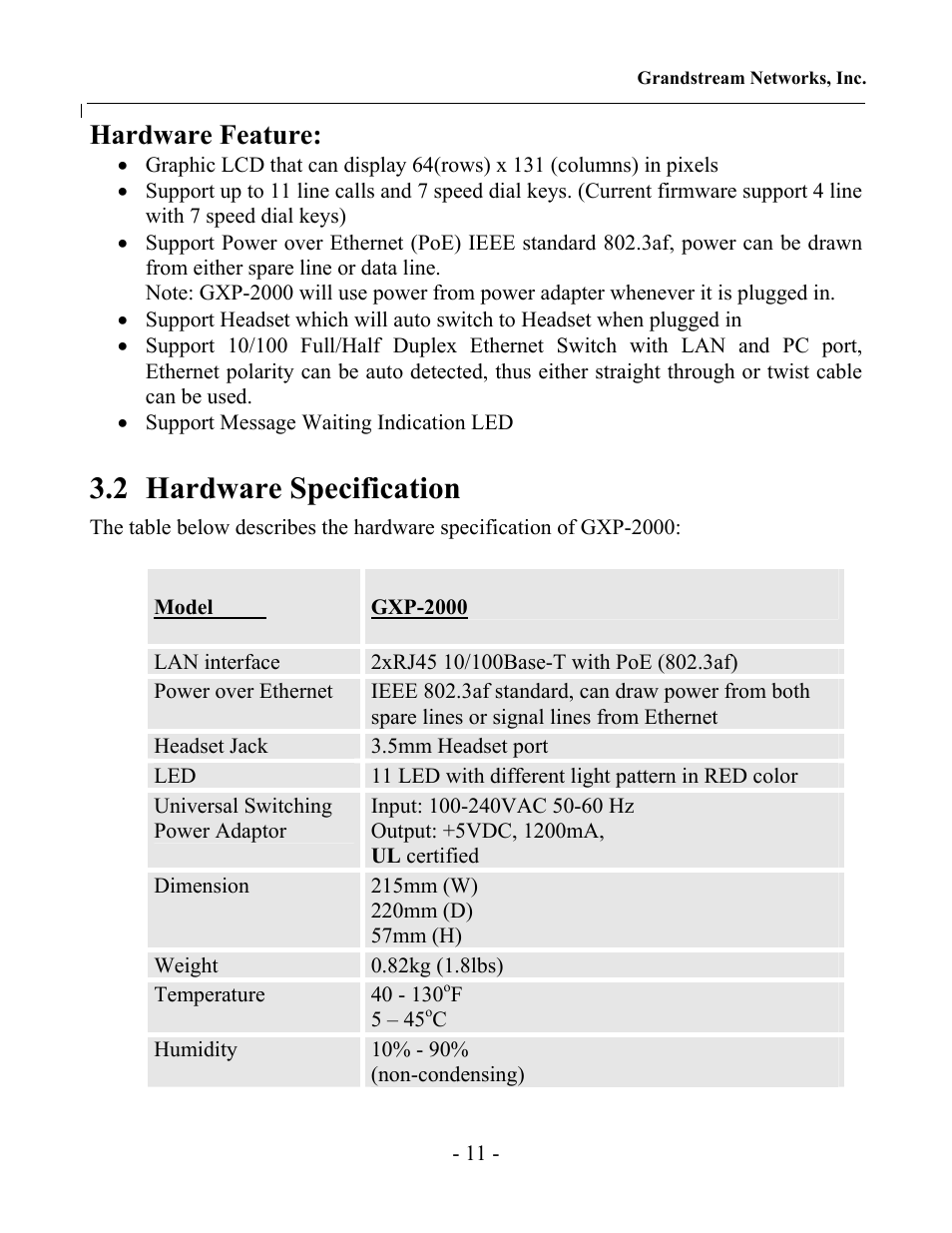 2 hardware specification, Hardware feature | Grandstream Networks GXP-2000 User Manual | Page 10 / 42