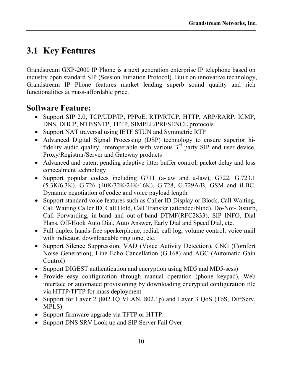 1 key features, Software feature | Grandstream Networks GXP-2000 User Manual | Page 9 / 42
