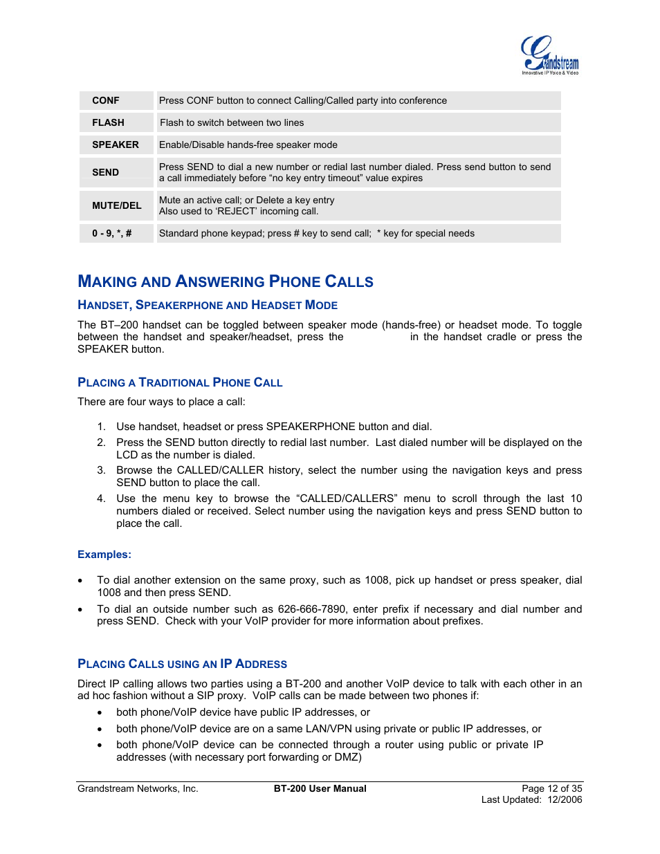 Making and answering phone calls, Handset, speakerphone and headset mode, Placing a traditional phone call | Placing calls using an ip address, Andset, Peakerphone and, Eadset, Lacing a, Raditional, Hone | Grandstream Networks BT200 User Manual | Page 12 / 35