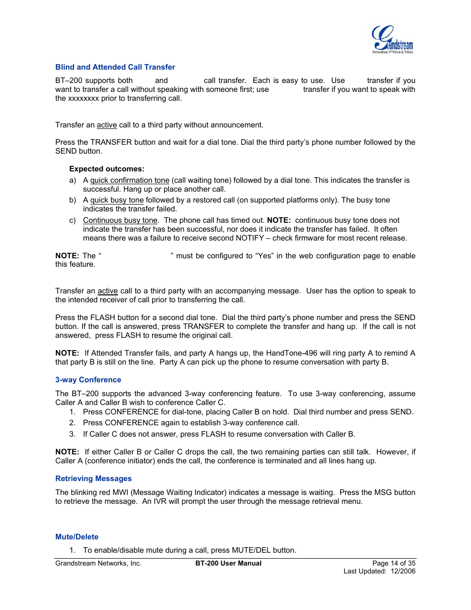 Blind and attended call transfer, Way conference, Retrieving messages | Mute/delete | Grandstream Networks BT200 User Manual | Page 14 / 35