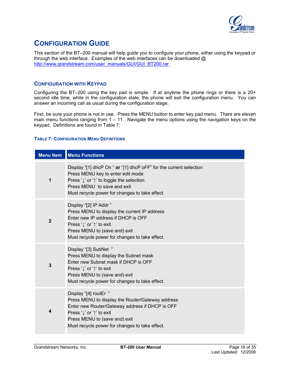 Configuration guide, Configuration with keypad, Onfiguration with | Eypad, Able, Onfiguration, Efinitions, Uide | Grandstream Networks BT200 User Manual | Page 16 / 35