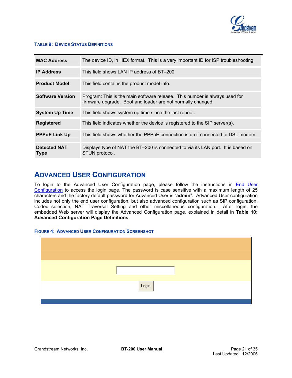 Advanced user configuration, Igure, Dvanced | Onfiguration, Creenshot, Able, Evice, Tatus, Efinitions, Grandstream device configuration | Grandstream Networks BT200 User Manual | Page 21 / 35