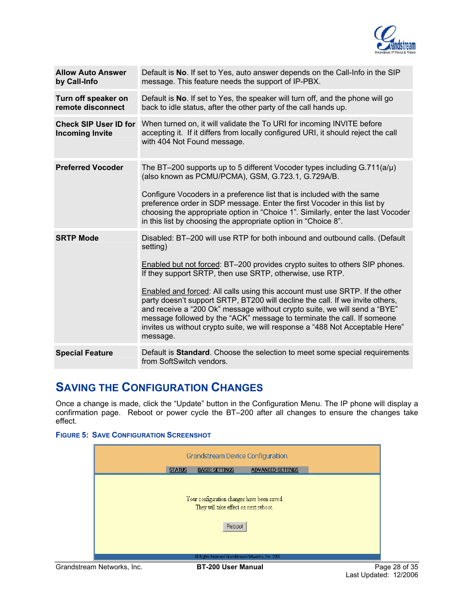 Saving the configuration changes, Igure, Onfiguration | Creenshot, Aving the, Hanges | Grandstream Networks BT200 User Manual | Page 28 / 35