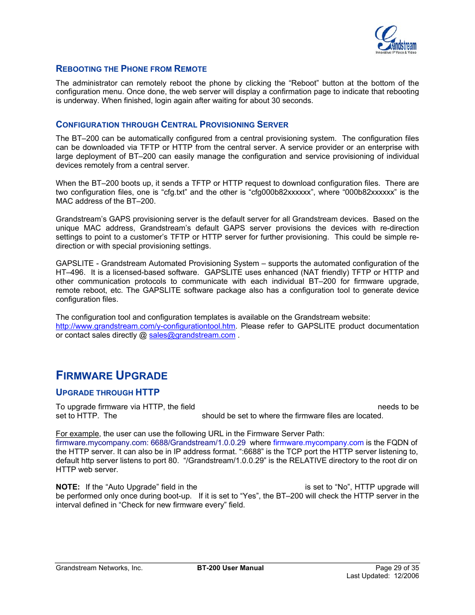 Rebooting the phone from remote, Configuration through central provisioning server, Firmware upgrade | Upgrade through http, Ebooting the, Hone from, Emote, Onfiguration through, Entral, Rovisioning | Grandstream Networks BT200 User Manual | Page 29 / 35