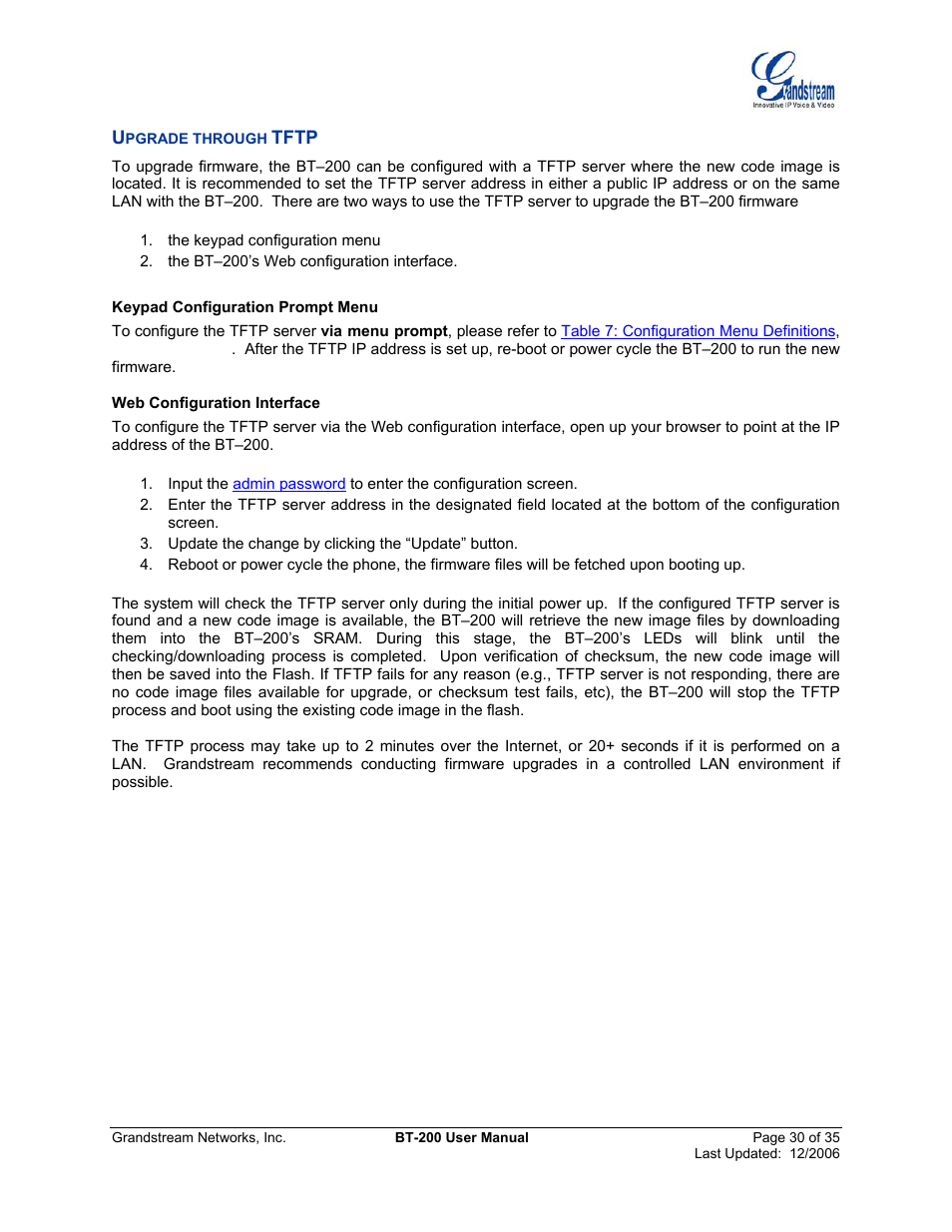 Upgrade through tftp, Pgrade through, Tftp | Grandstream Networks BT200 User Manual | Page 30 / 35