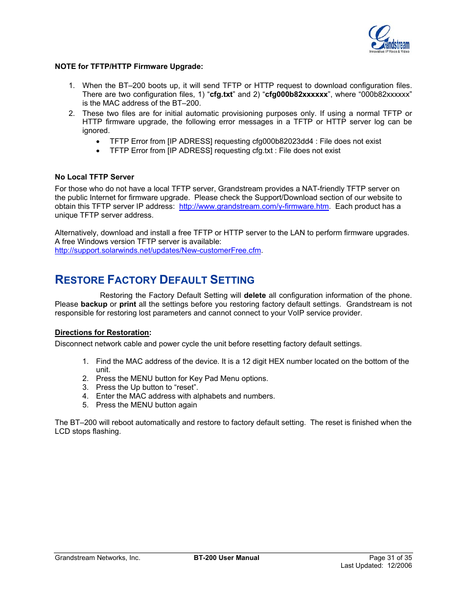 Restore factory default setting | Grandstream Networks BT200 User Manual | Page 31 / 35
