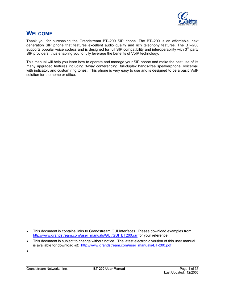 Welcome, Elcome | Grandstream Networks BT200 User Manual | Page 4 / 35
