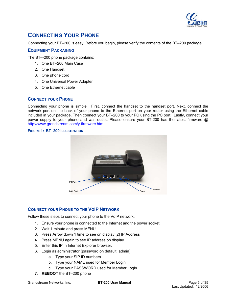 Connecting your phone, Equipment packaging, Connect your phone | Connect your phone to the voip network, Quipment, Ackaging, Onnect your, Hone, Hone to the, Etwork | Grandstream Networks BT200 User Manual | Page 5 / 35