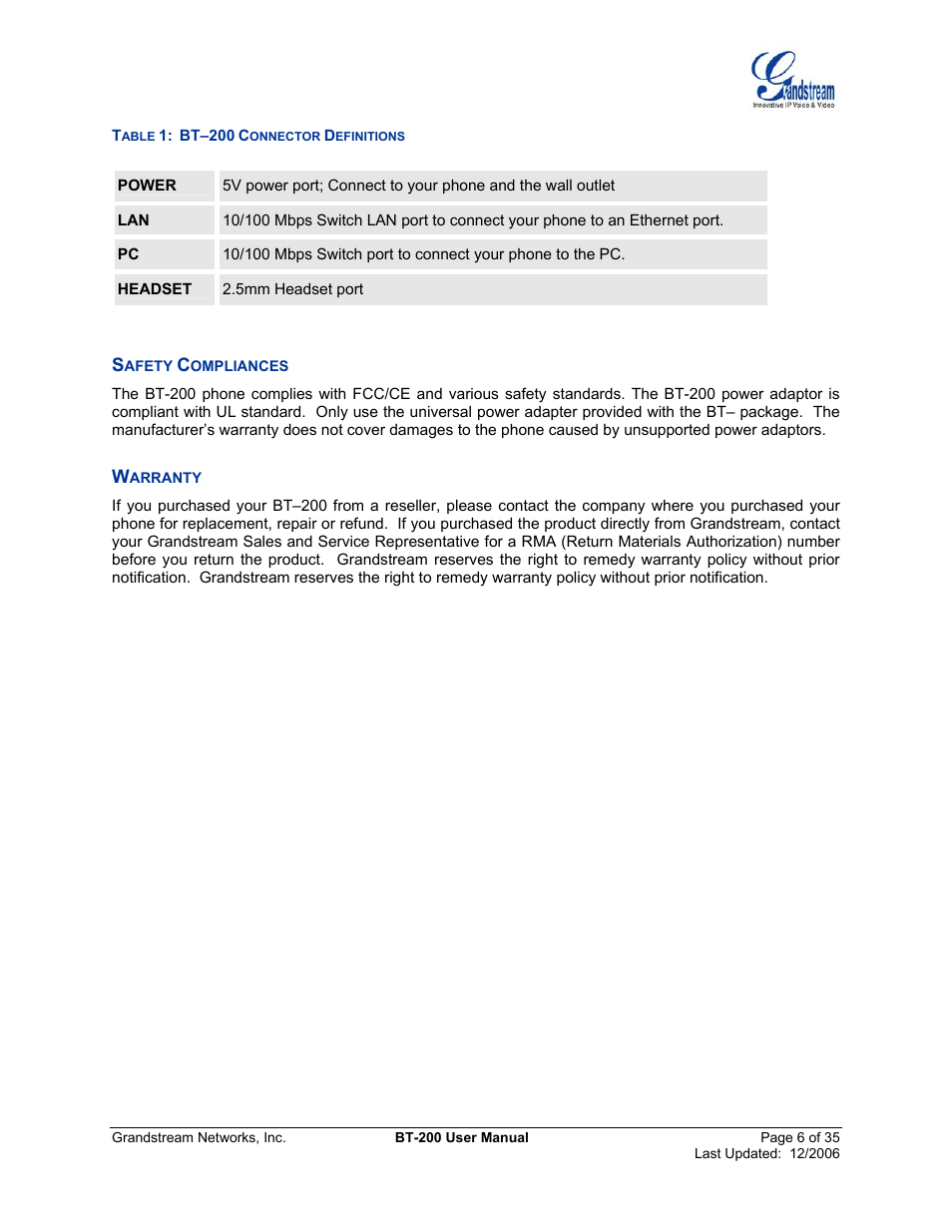 Safety compliances, Warranty, Afety | Ompliances, Arranty, Able, Bt–200, Onnector, Efinitions | Grandstream Networks BT200 User Manual | Page 6 / 35