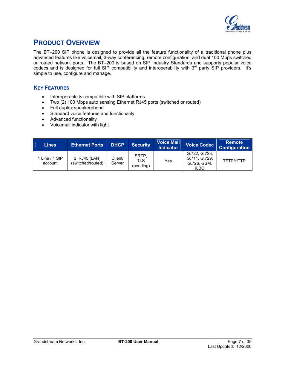 Product overview, Key features, Eatures | Roduct, Verview | Grandstream Networks BT200 User Manual | Page 7 / 35