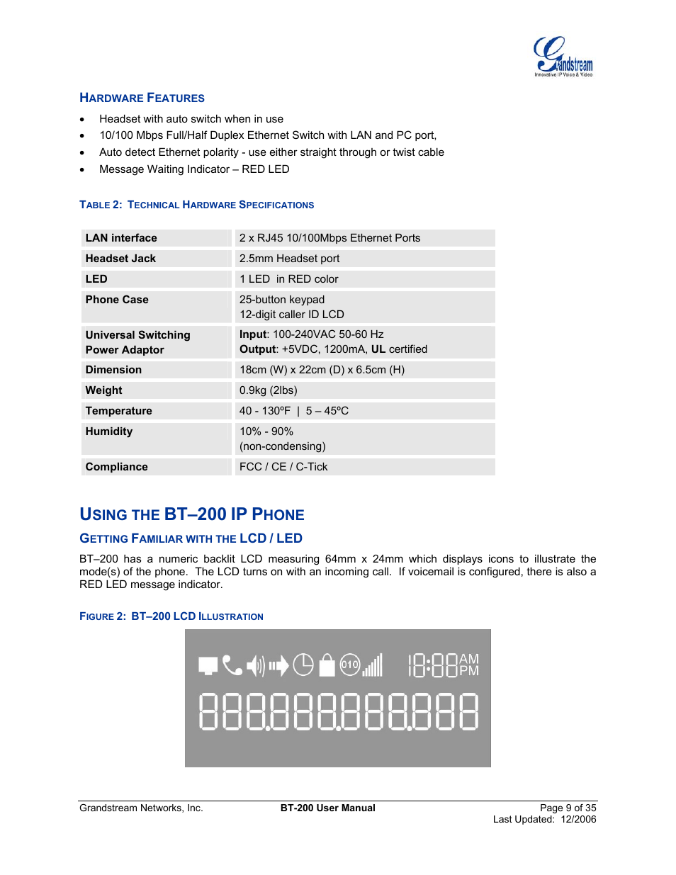 Hardware features, Using the bt–200 ip phone, Getting familiar with the lcd / led | Ardware, Eatures, Etting, Amiliar with the, Igure, Bt–200, Llustration | Grandstream Networks BT200 User Manual | Page 9 / 35