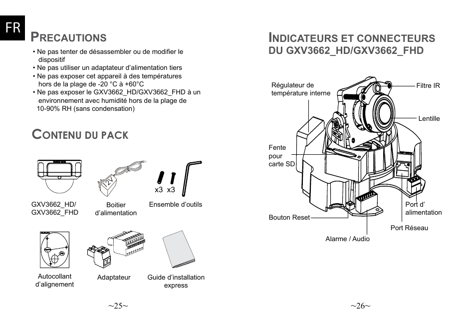 Recautions, Ontenu du pack | Grandstream Networks GXV3662 User Manual | Page 15 / 44