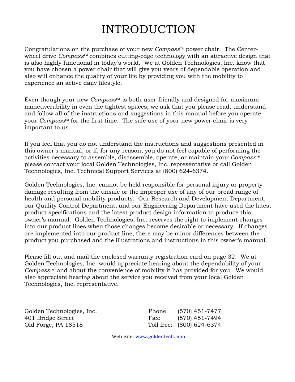 Introduction | Golden Technologies GP601 SS User Manual | Page 4 / 35