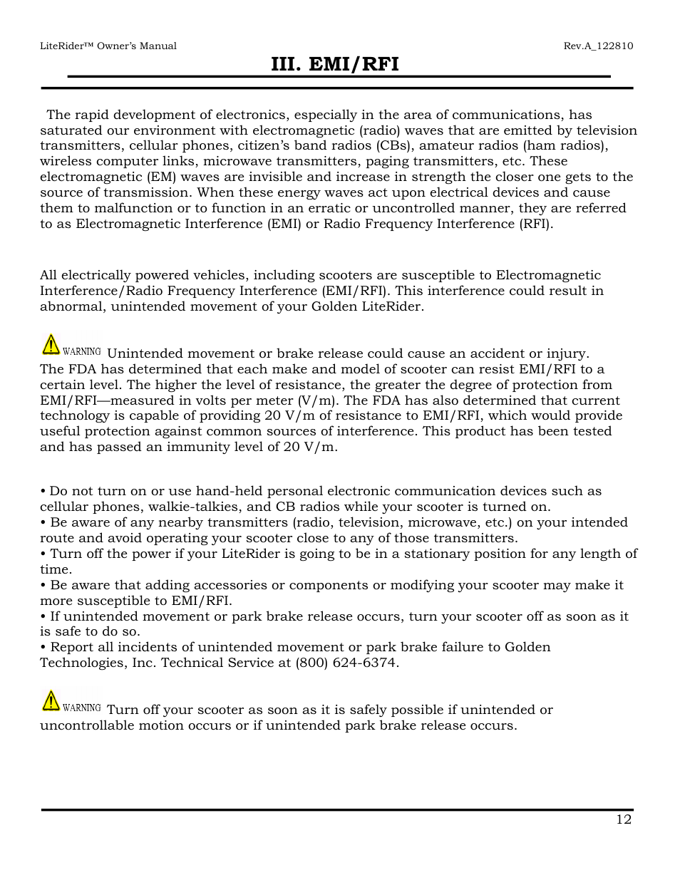 Iii. emi/rfi | Golden Technologies GL140 User Manual | Page 13 / 43