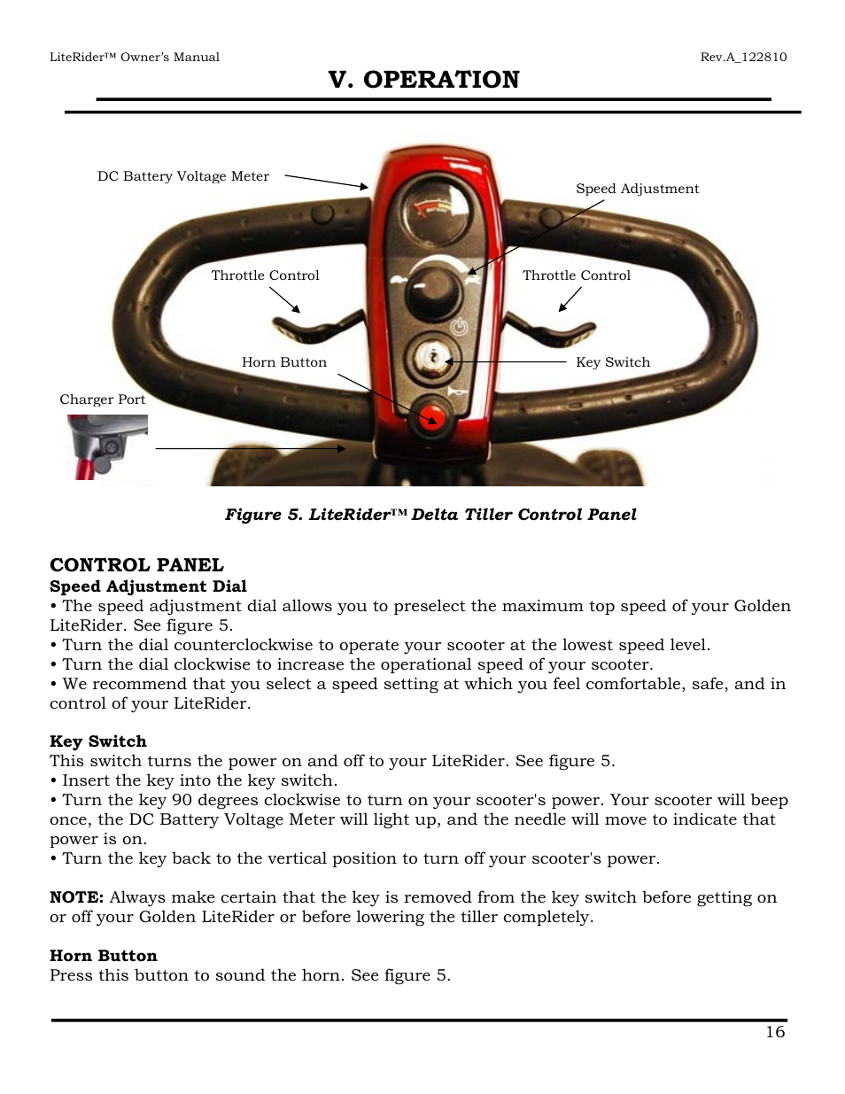 V. operation, Control panel | Golden Technologies GL140 User Manual | Page 17 / 43