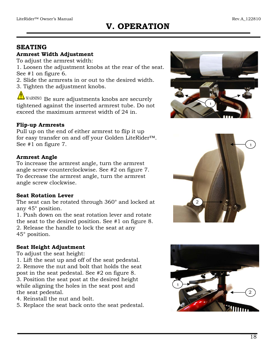 V. operation, Seating | Golden Technologies GL140 User Manual | Page 19 / 43