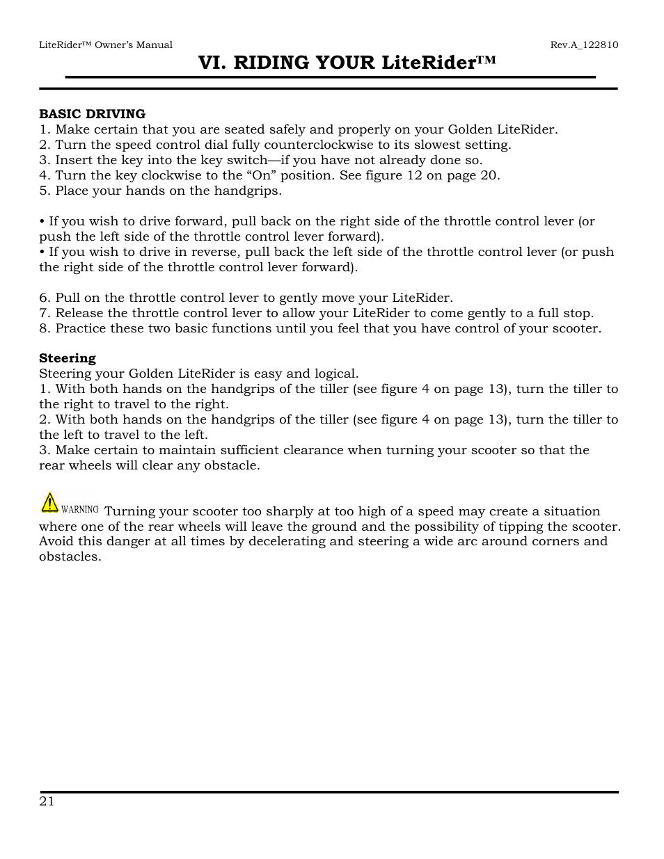 Vi. riding your literider | Golden Technologies GL140 User Manual | Page 22 / 43