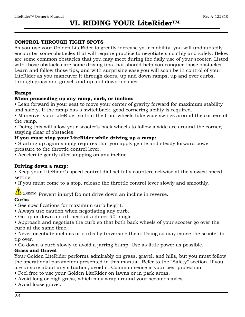 Vi. riding your literider | Golden Technologies GL140 User Manual | Page 24 / 43